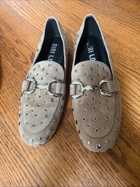 Bibi Lou Taupe Suede Studded Loafers with Silver Hardware